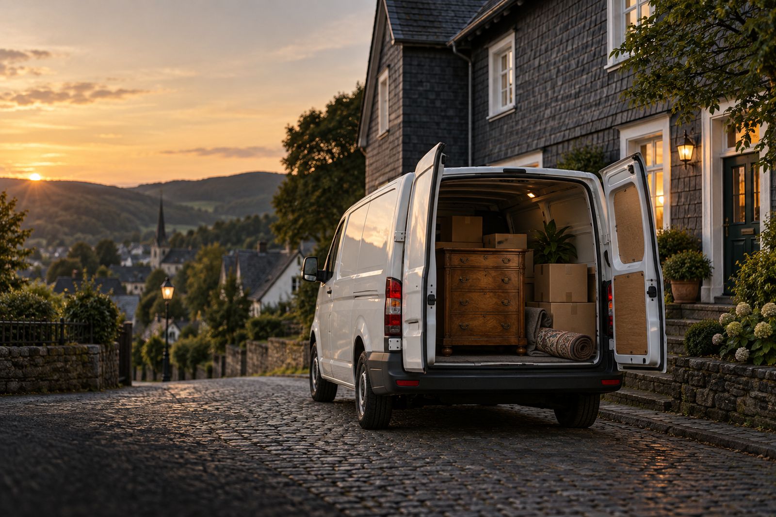 Weißer Transporter mit Möbeln vor einem Sauerländer Schieferhaus in der Abenddämmerung