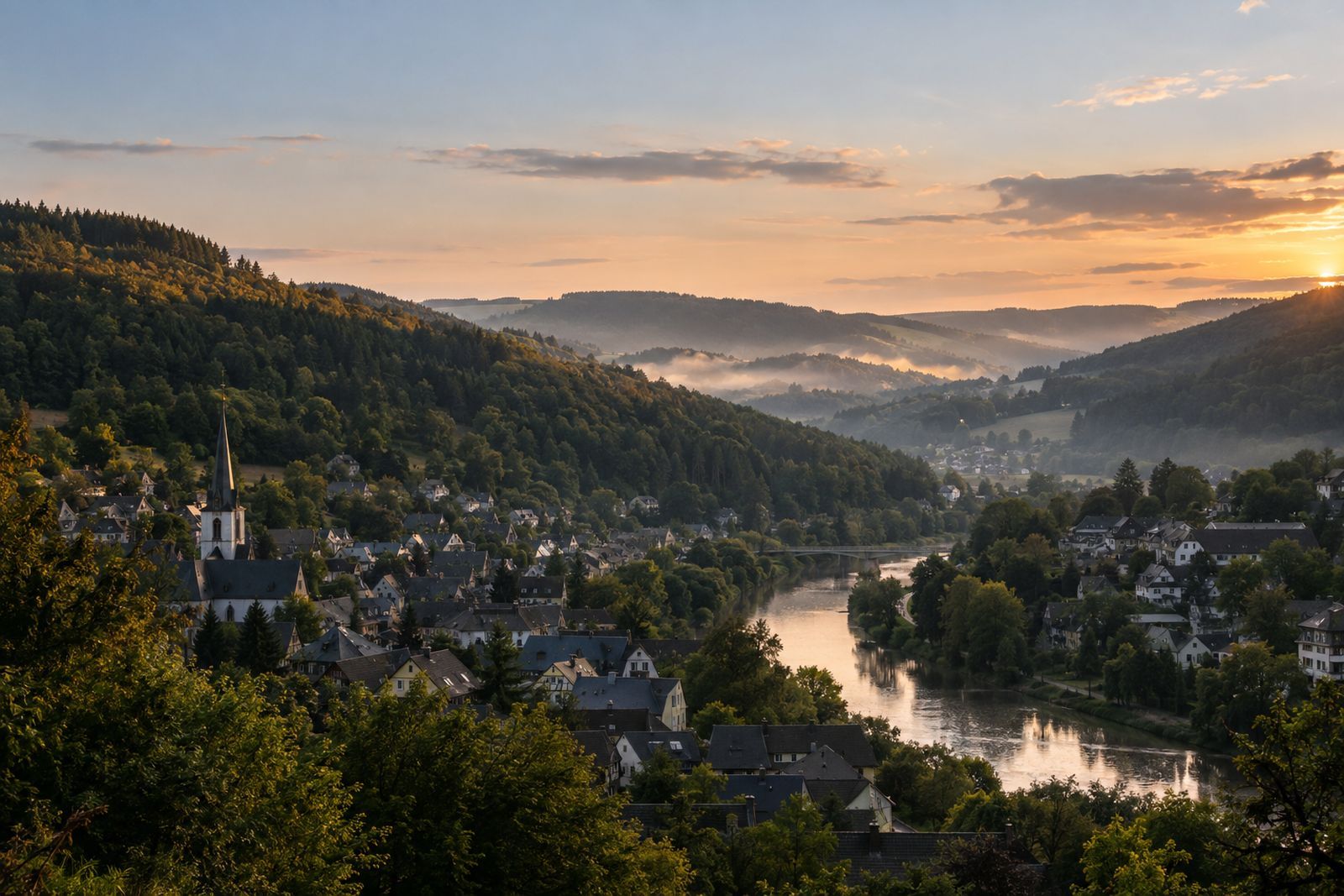 Sauerländer Flusstal mit Kleinstadt in der Abenddämmerung