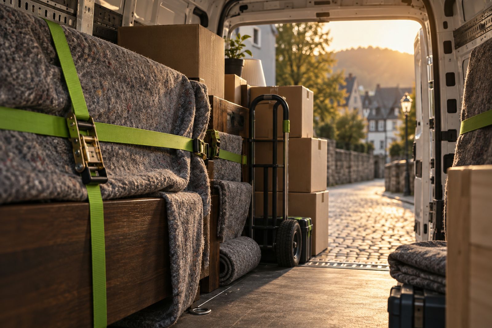 Verpackte Möbel und Kartons im Transporter