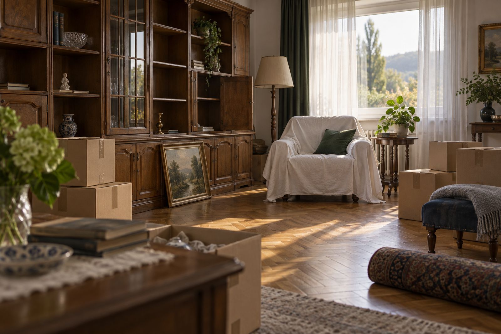 Wohnzimmer mit gepackten Kartons bei einer Haushaltsauflösung